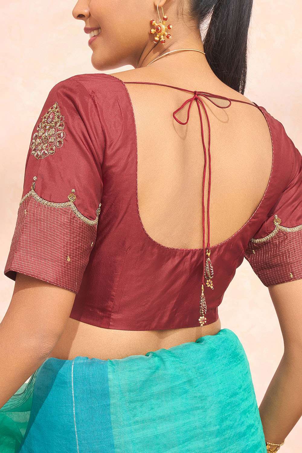 Red Pure Silk Embroidered Blouse image number null