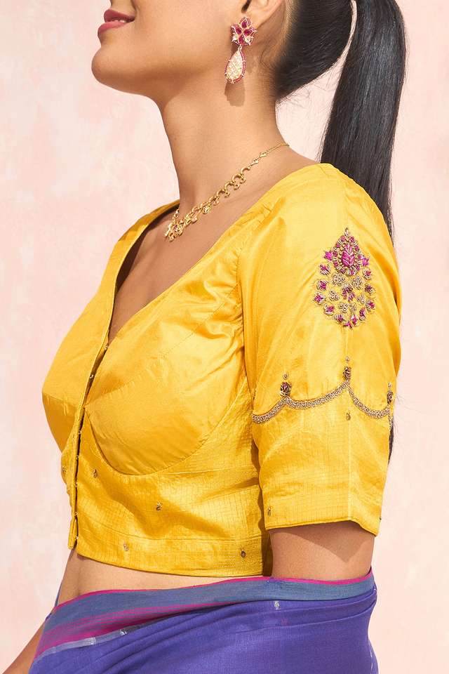 Yellow Pure Silk Embroidered Blouse thumbnail image number null