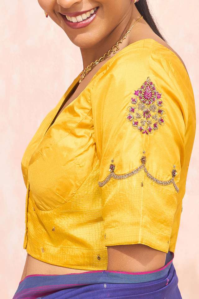 Yellow Pure Silk Embroidered Blouse thumbnail image number null