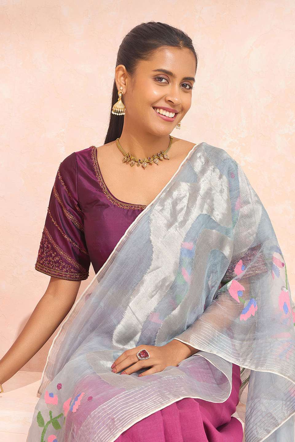 Violet Pure Silk Embroidered Blouse