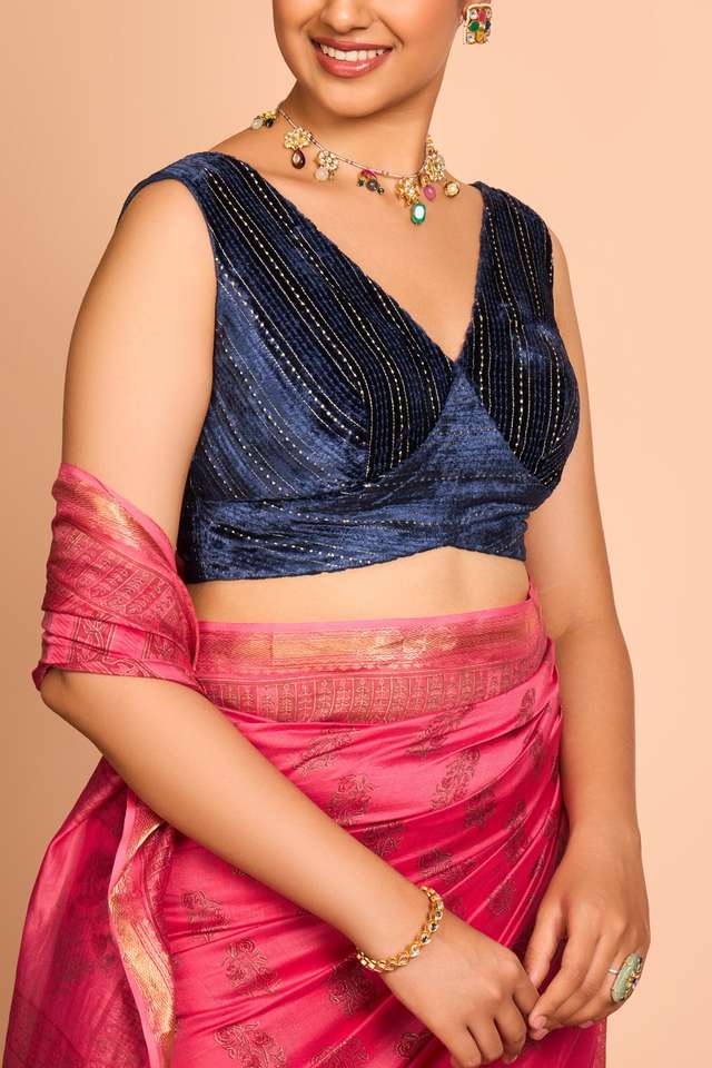 Dark Blue Viscose Embroidered Blouse thumbnail image number null