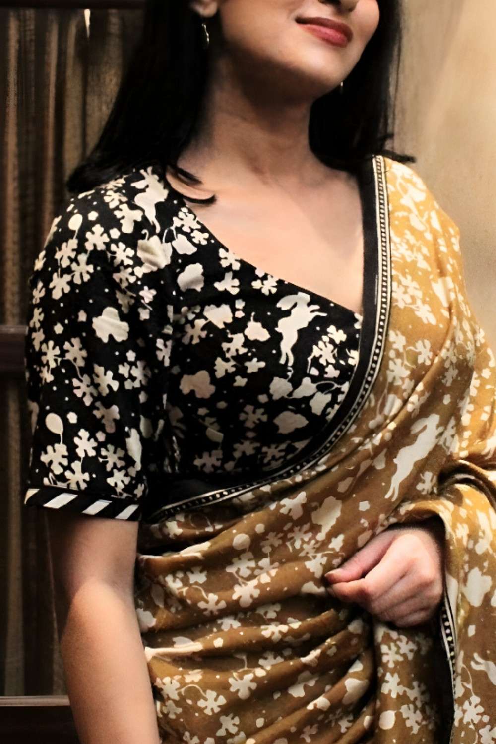 Black Bagru Block Printed Pure Silk Cotton Blouse image number null