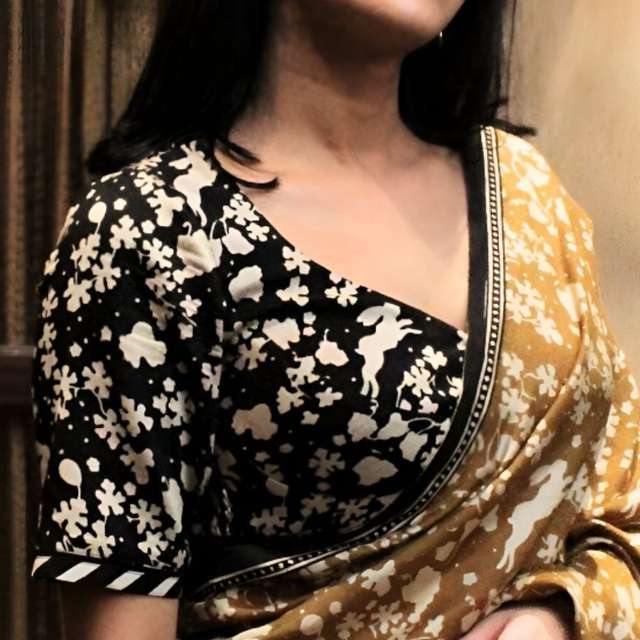 Black Bagru Block Printed Pure Silk Cotton Blouse thumbnail image number null
