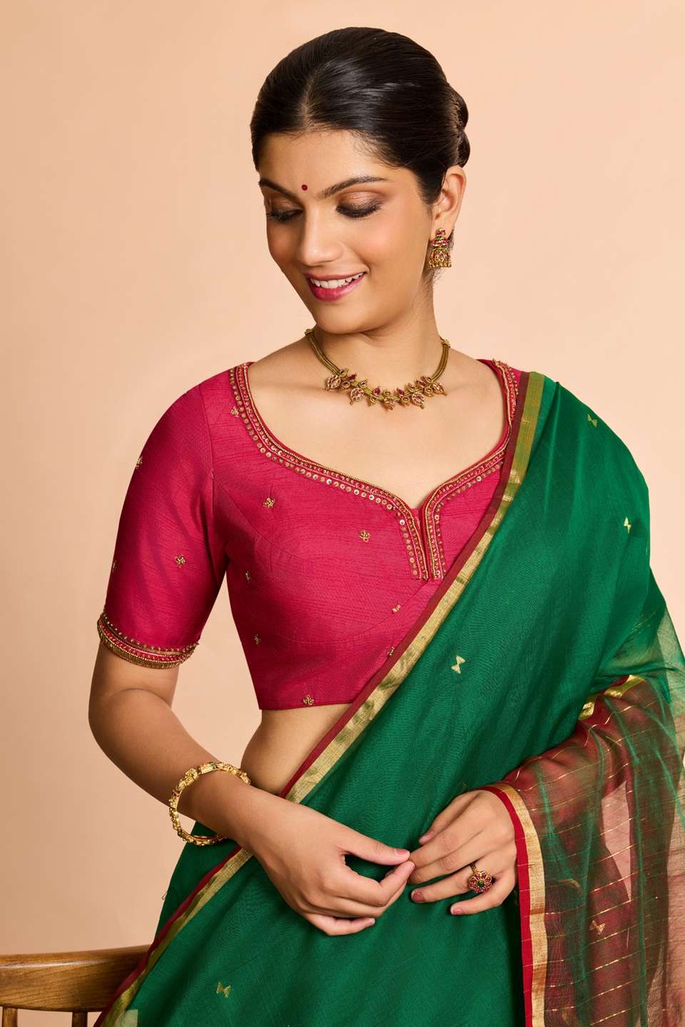 Dark Pink Embroidered Viscose Blouse