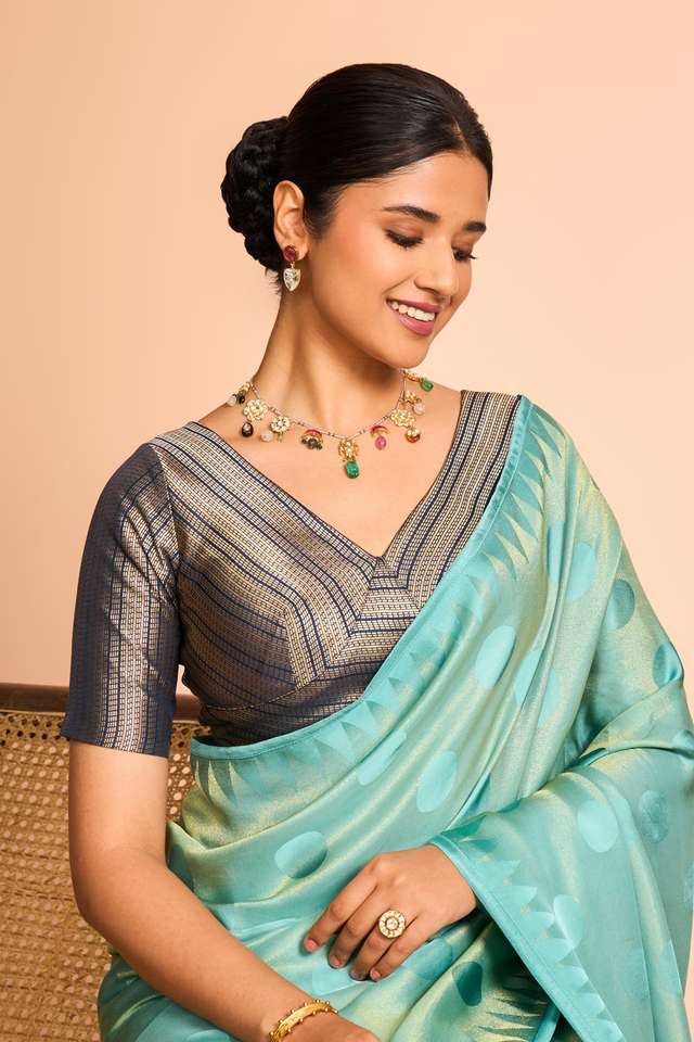 Dark Blue Viscose Brocade Blouse image number
