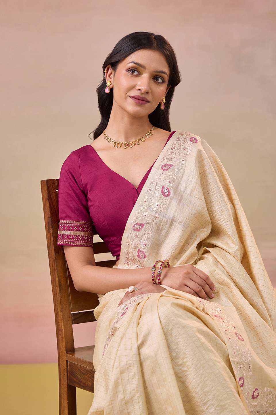 Dark Pink Pure Viscose Embroidered Blouse