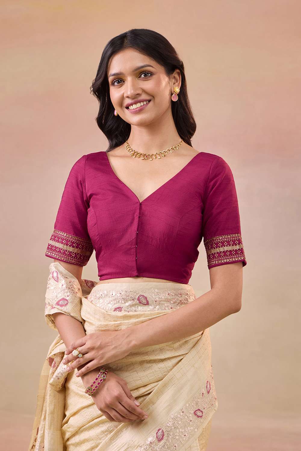 Dark Pink Pure Viscose Embroidered Blouse image number null