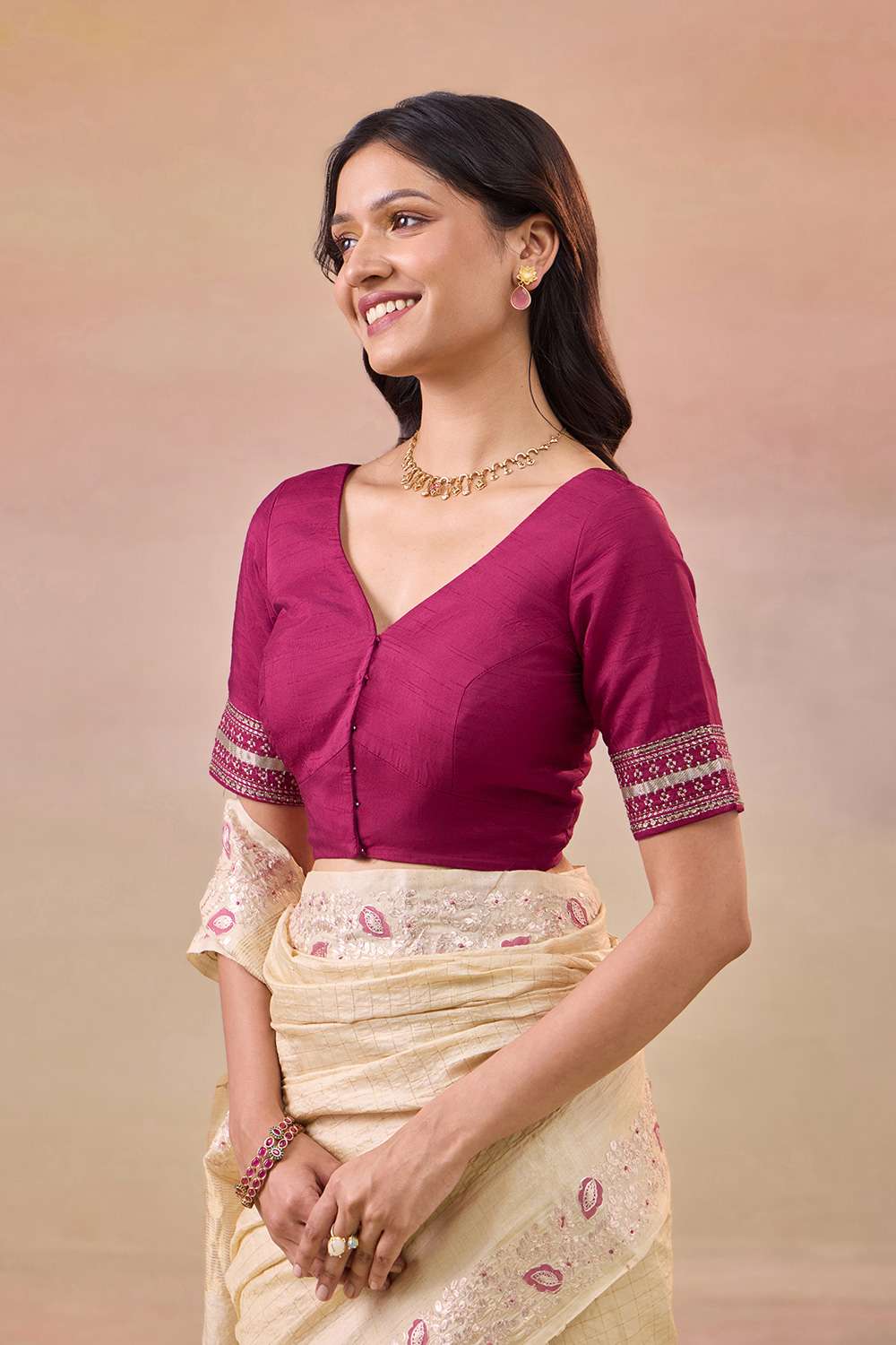 Dark Pink Pure Viscose Embroidered Blouse image number null