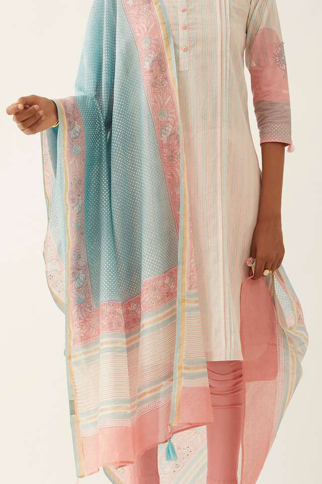 Blue Silk Cotton Sanganeri Printed Dupatta image number