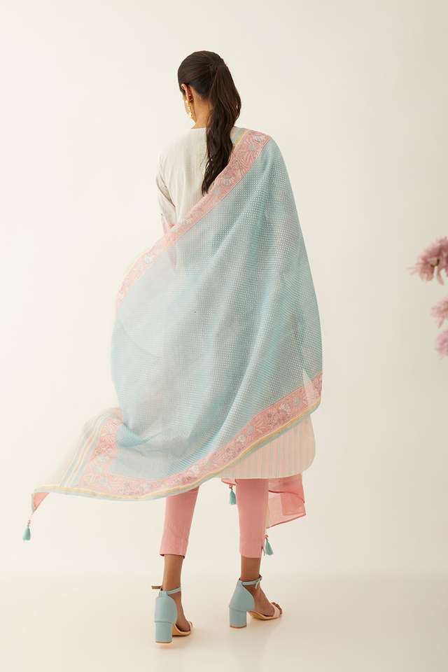 Blue Silk Cotton Sanganeri Printed Dupatta thumbnail image number null