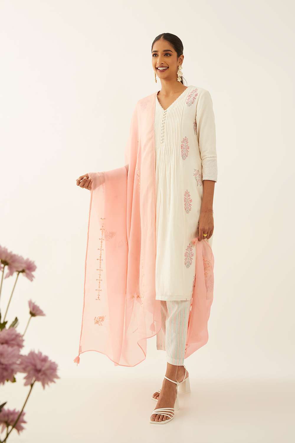Light Pink Viscose Organza Embroidered Dupatta image number null