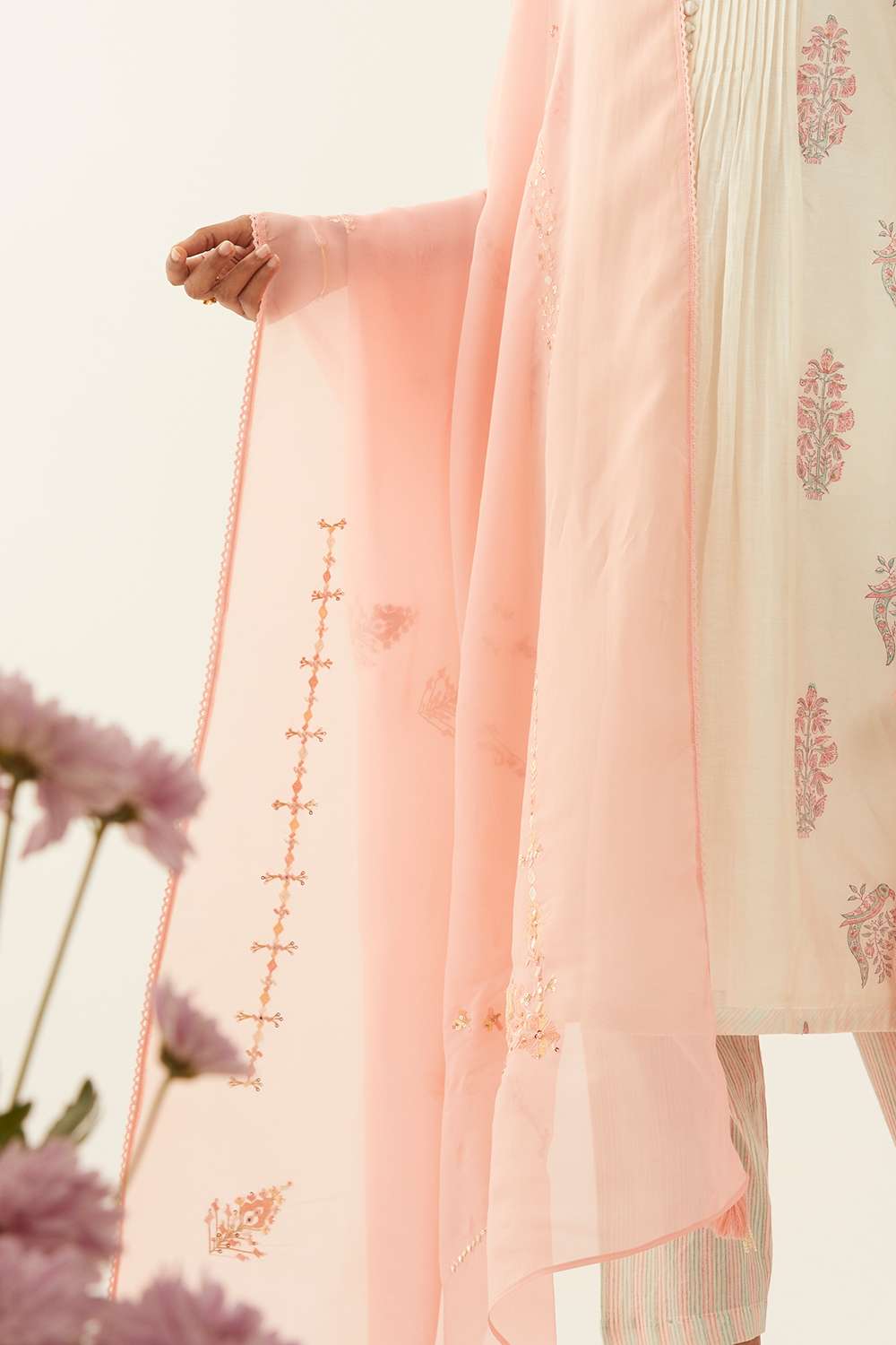 Light Pink Viscose Organza Embroidered Dupatta image number null