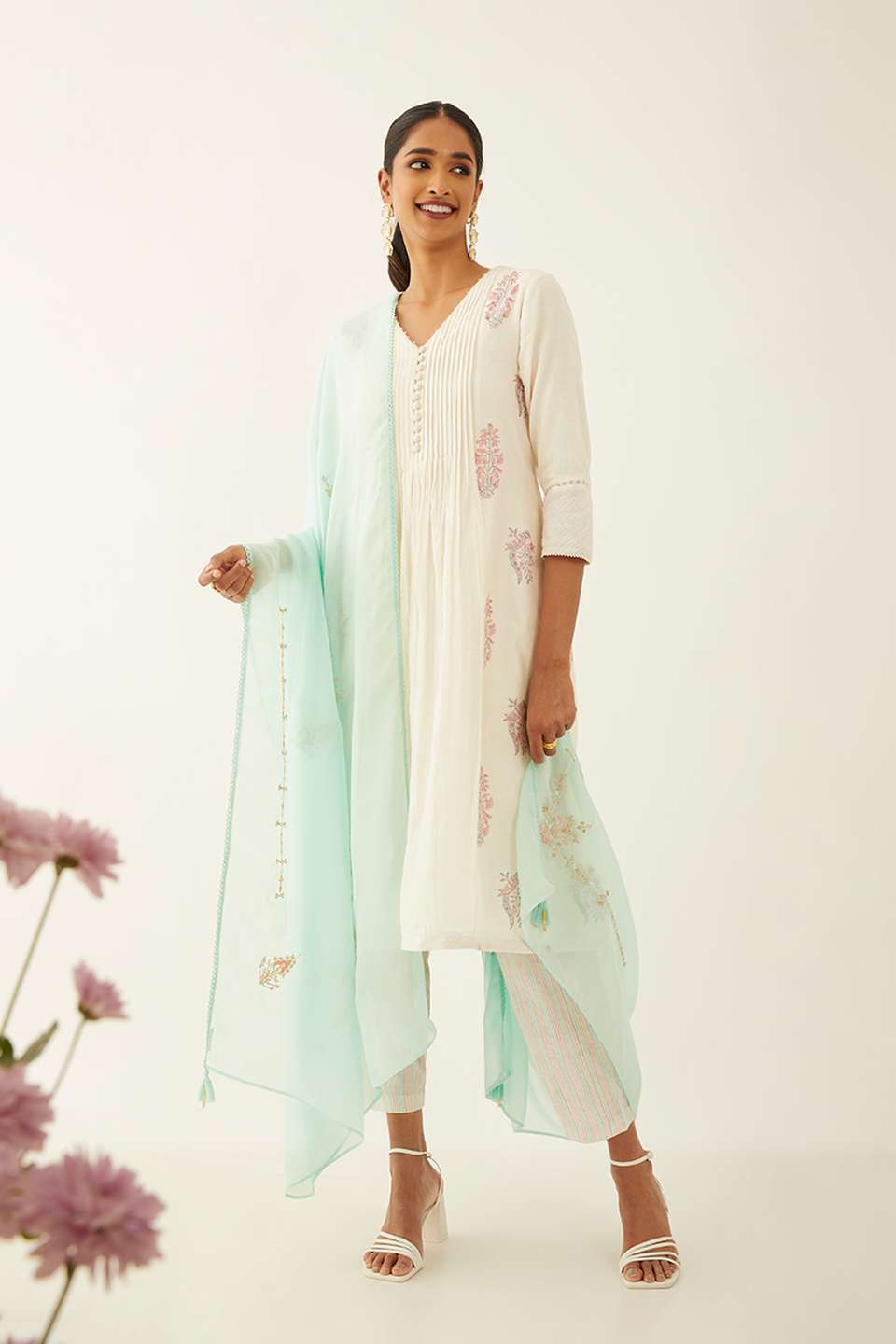 Light Blue Viscose Organza Embroidered Dupatta