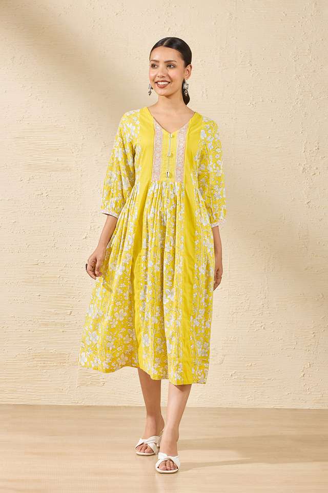 Yellow Pure Cotton Printed Sanganeri Dress image number
