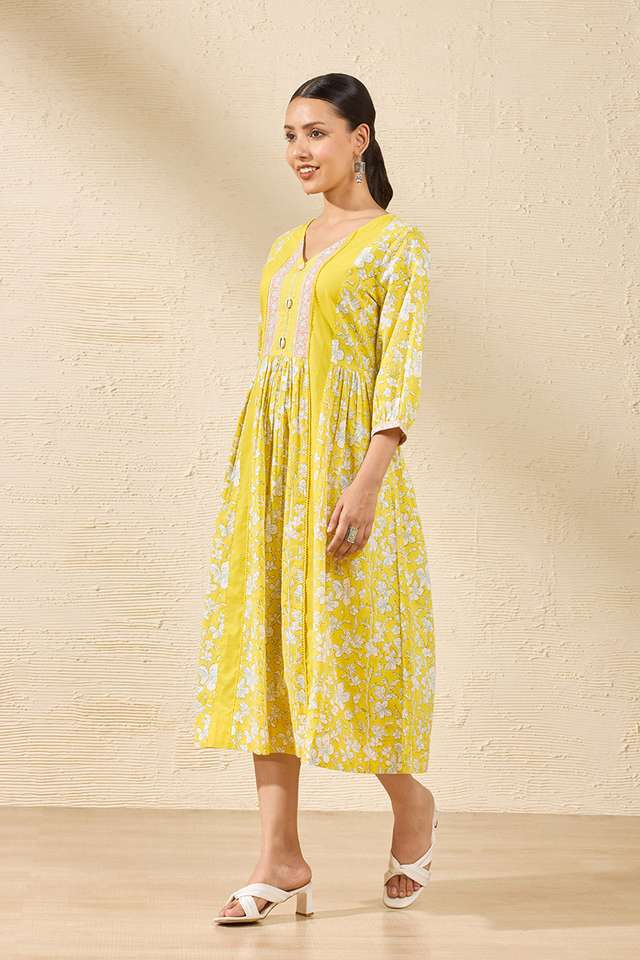 Yellow Pure Cotton Printed Sanganeri Dress thumbnail image number null