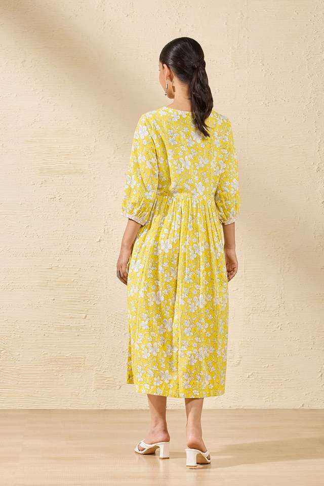 Yellow Pure Cotton Printed Sanganeri Dress thumbnail image number null