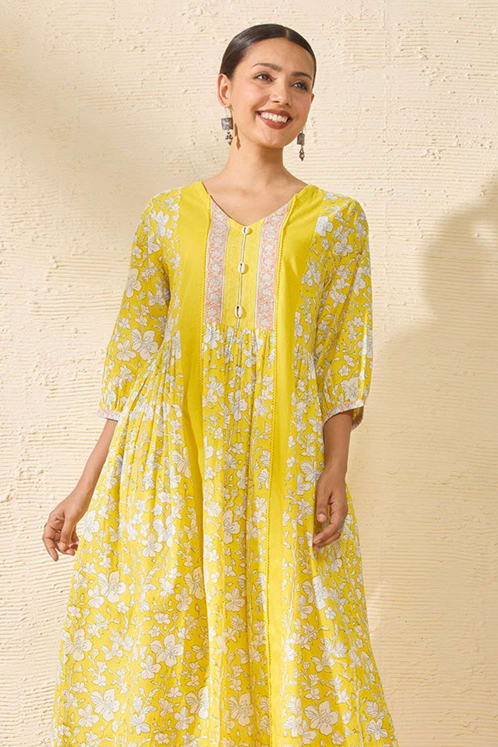Yellow Pure Cotton Printed Sanganeri Dress image number null