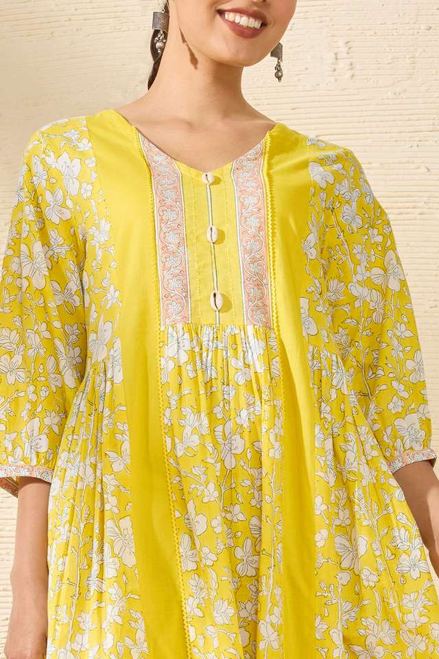 Yellow Pure Cotton Printed Sanganeri Dress thumbnail image number null