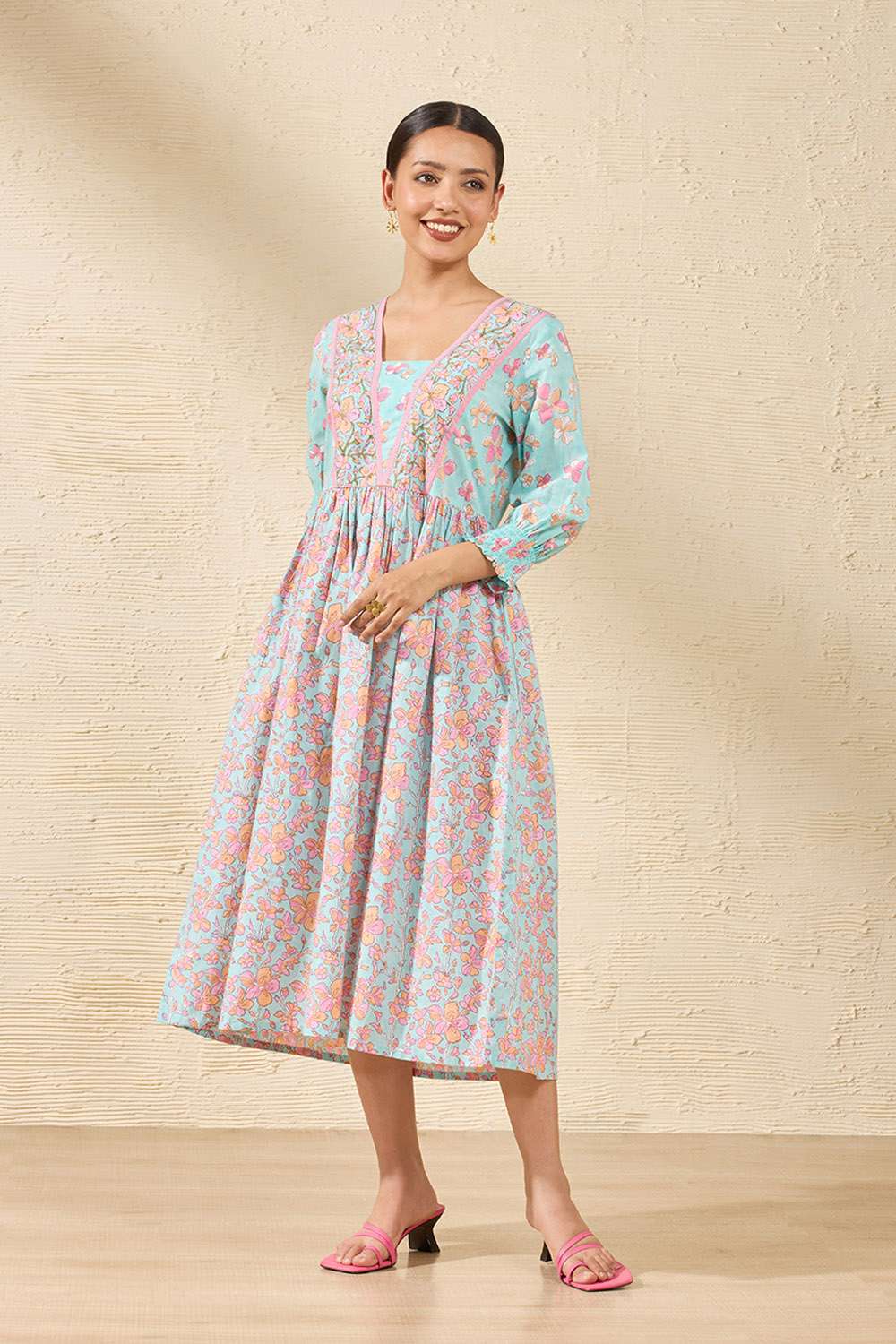 Light Blue Pure Cotton Printed Sanganeri Dress image number null