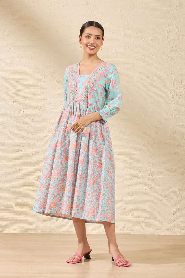 Light Blue Pure Cotton Printed Sanganeri Dress image number