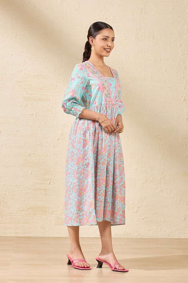 Light Blue Pure Cotton Printed Sanganeri Dress thumbnail image number null