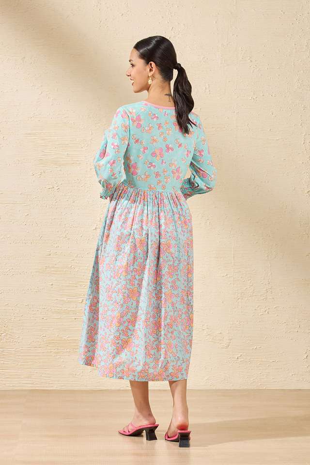 Light Blue Pure Cotton Printed Sanganeri Dress thumbnail image number null