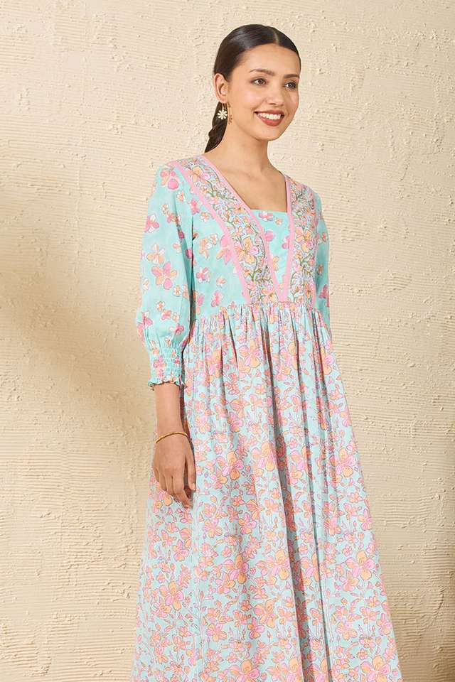 Light Blue Pure Cotton Printed Sanganeri Dress thumbnail image number null