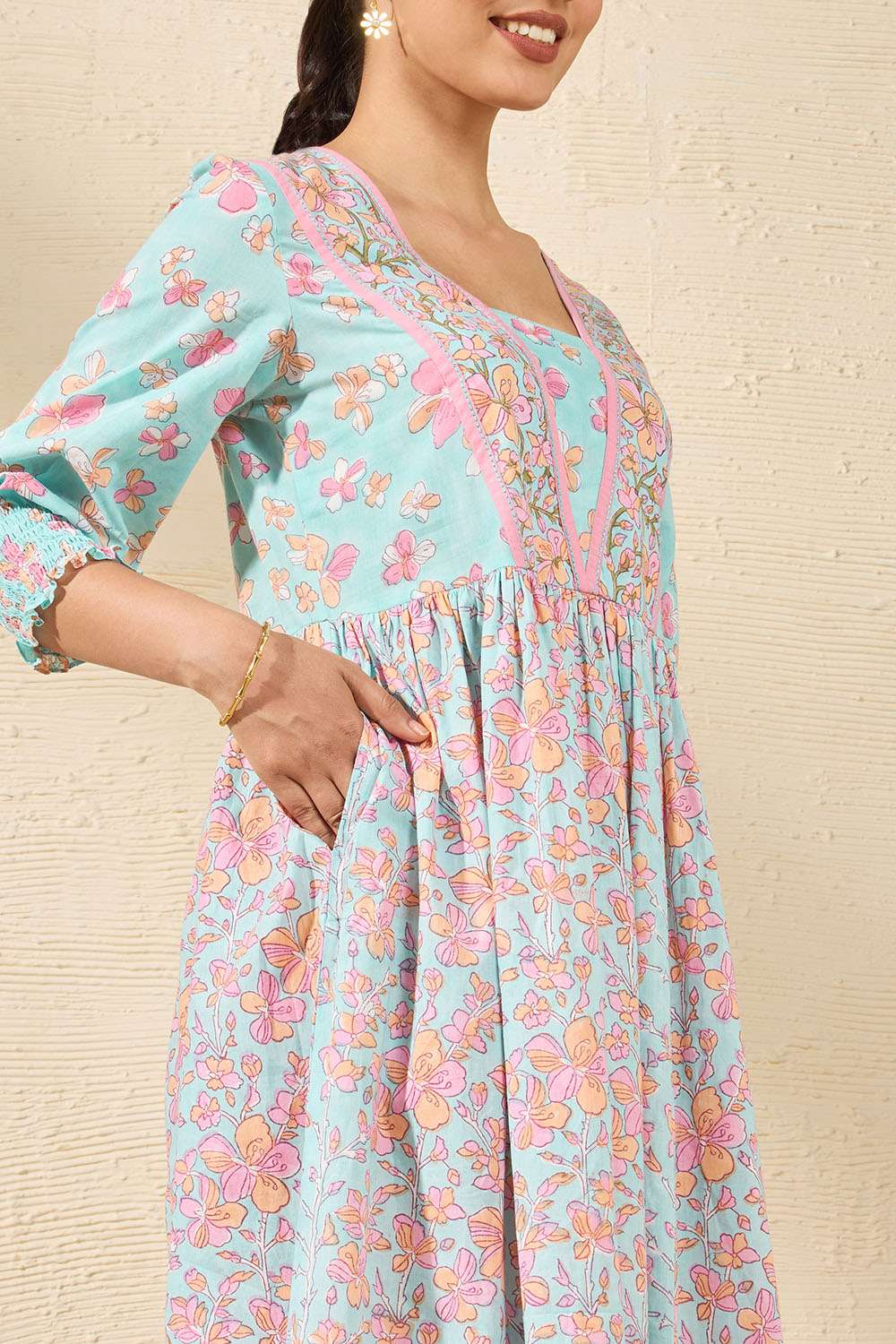 Light Blue Pure Cotton Printed Sanganeri Dress image number null