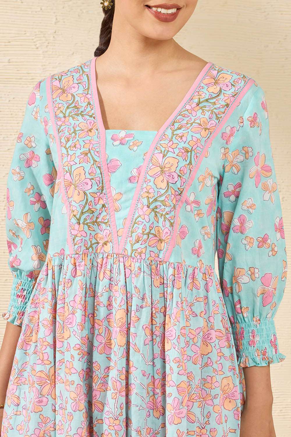 Light Blue Pure Cotton Printed Sanganeri Dress image number null