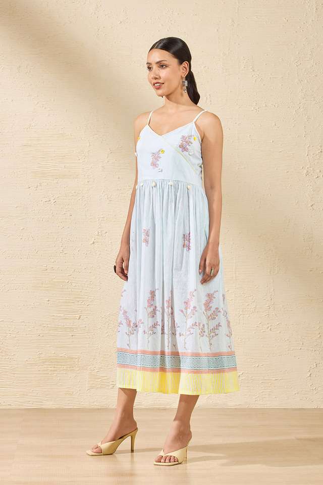 Off White Pure Cotton Printed Sanganeri Dress thumbnail image number null