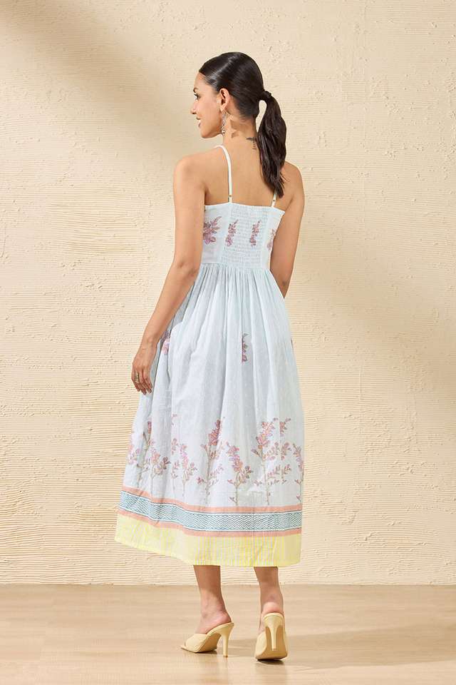 Off White Pure Cotton Printed Sanganeri Dress thumbnail image number null
