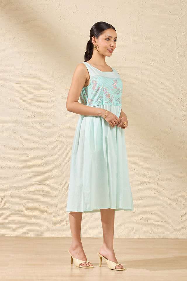 Off White Pure Cotton Printed Sanganeri Dress thumbnail image number null