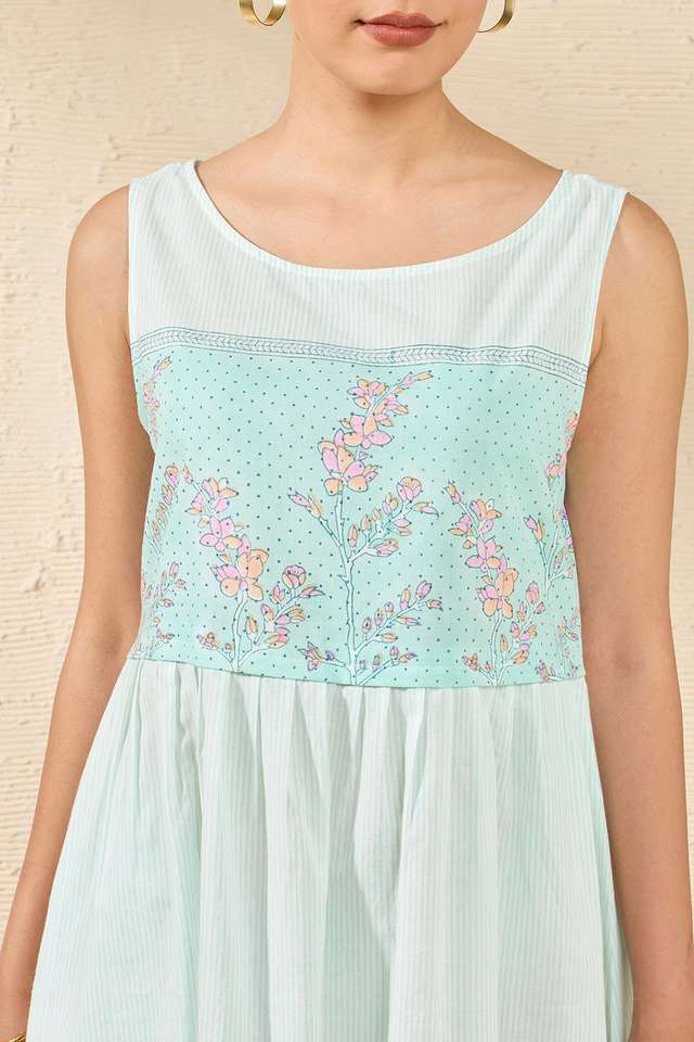 Off White Pure Cotton Printed Sanganeri Dress thumbnail image number null