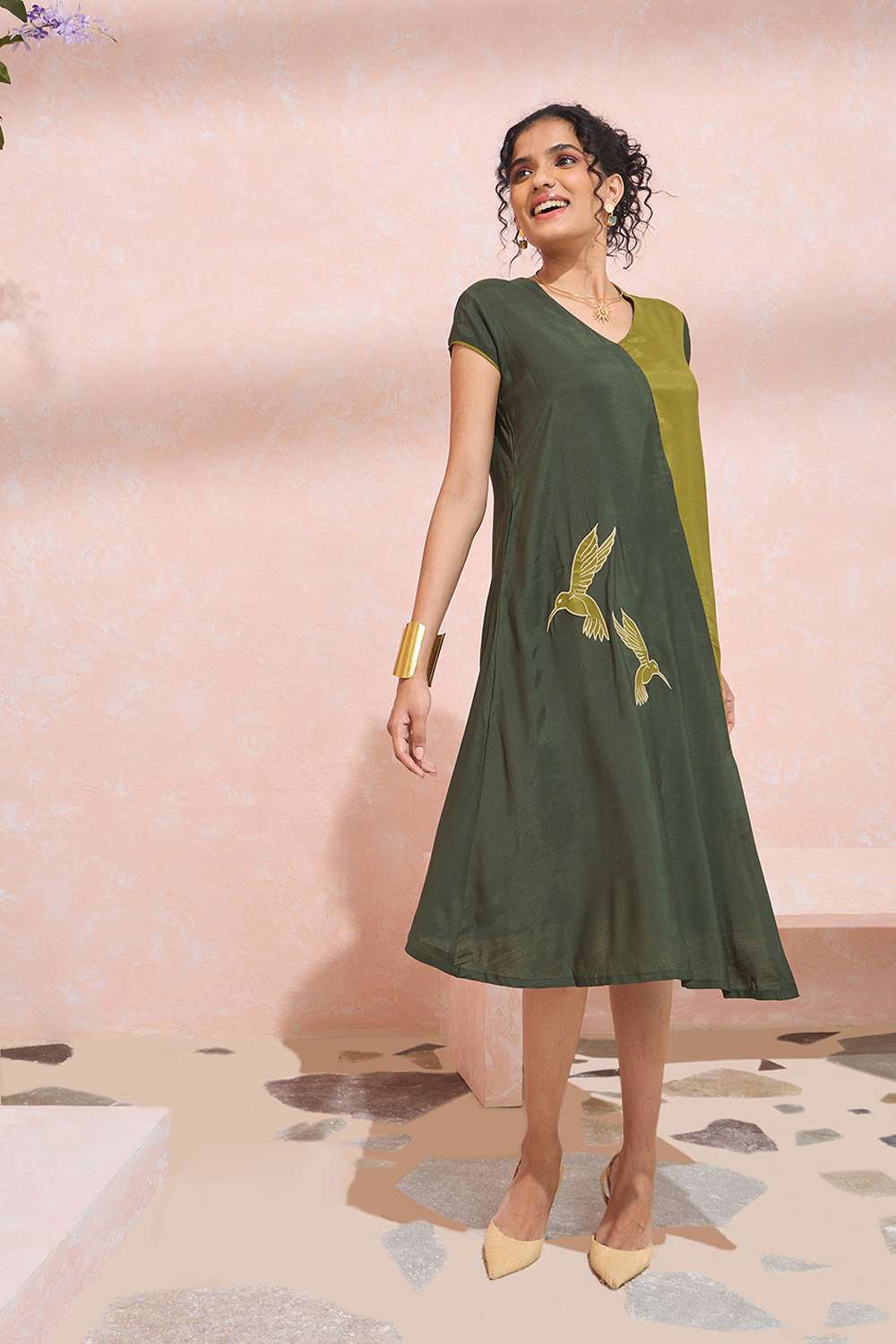 Dark Green Viscose Embroidered Dress