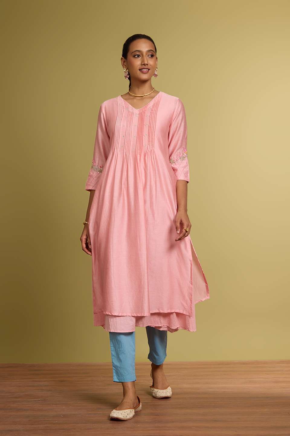 Light Pink Pure Silk Cotton Embroidered Kurta with Slip