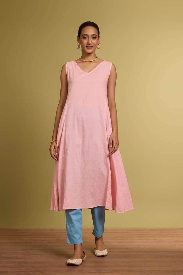 Light Pink Pure Silk Cotton Embroidered Kurta with Slip thumbnail image number null