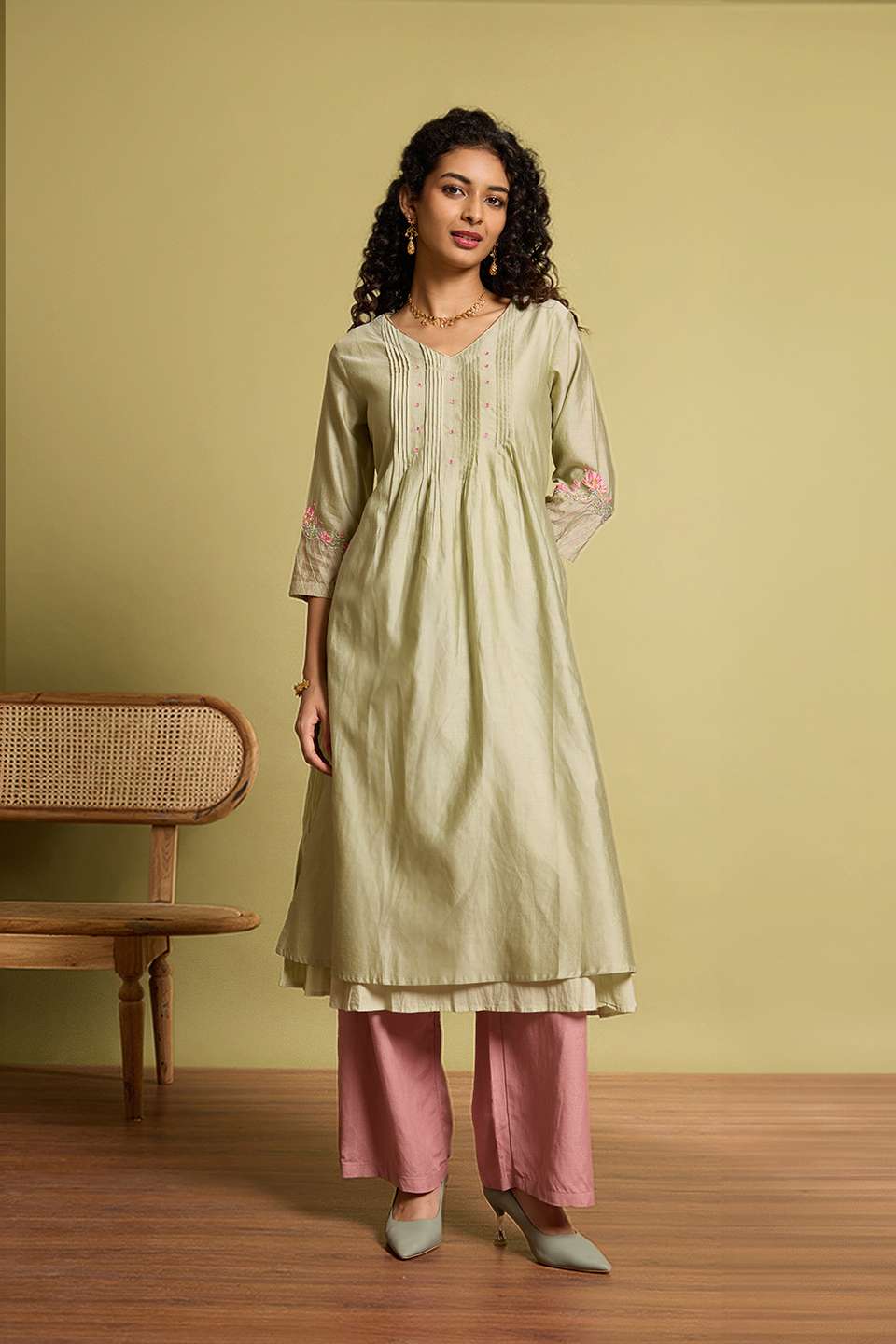 Light Green Pure Silk Cotton Embroidered Kurta Set
