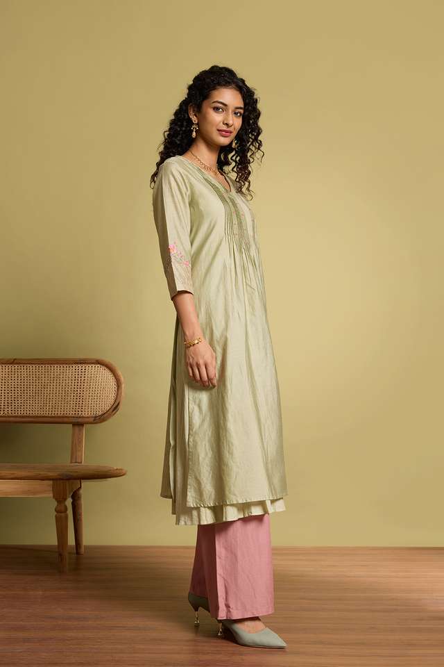 Light Green Pure Silk Cotton Embroidered Kurta Set thumbnail image number null