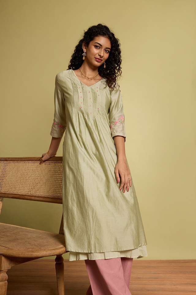 Light Green Pure Silk Cotton Embroidered Kurta Set thumbnail image number null