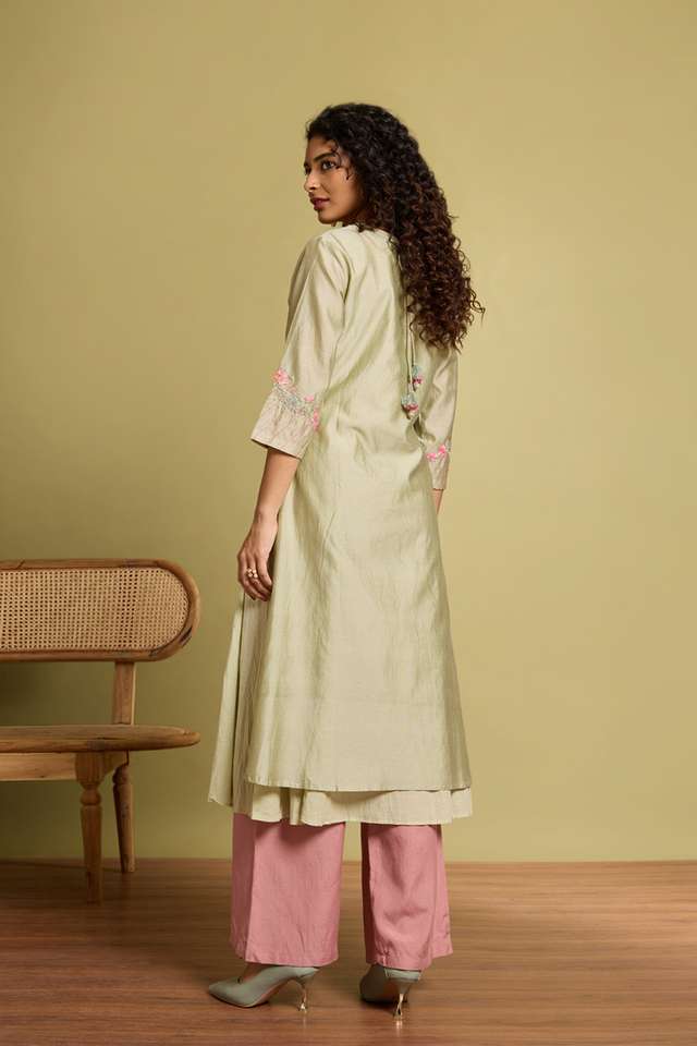 Light Green Pure Silk Cotton Embroidered Kurta Set thumbnail image number null