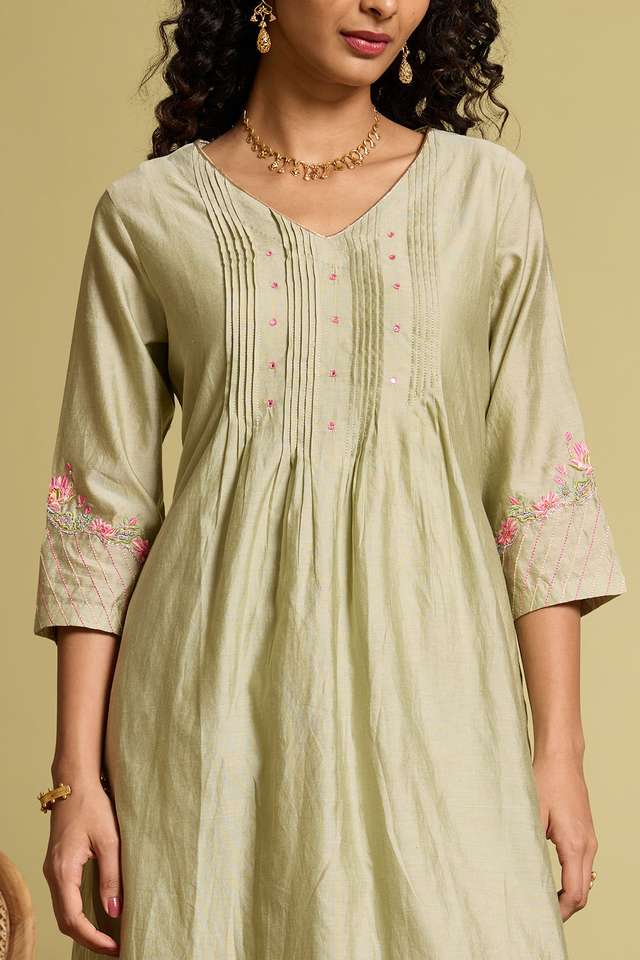 Light Green Pure Silk Cotton Embroidered Kurta Set thumbnail image number null