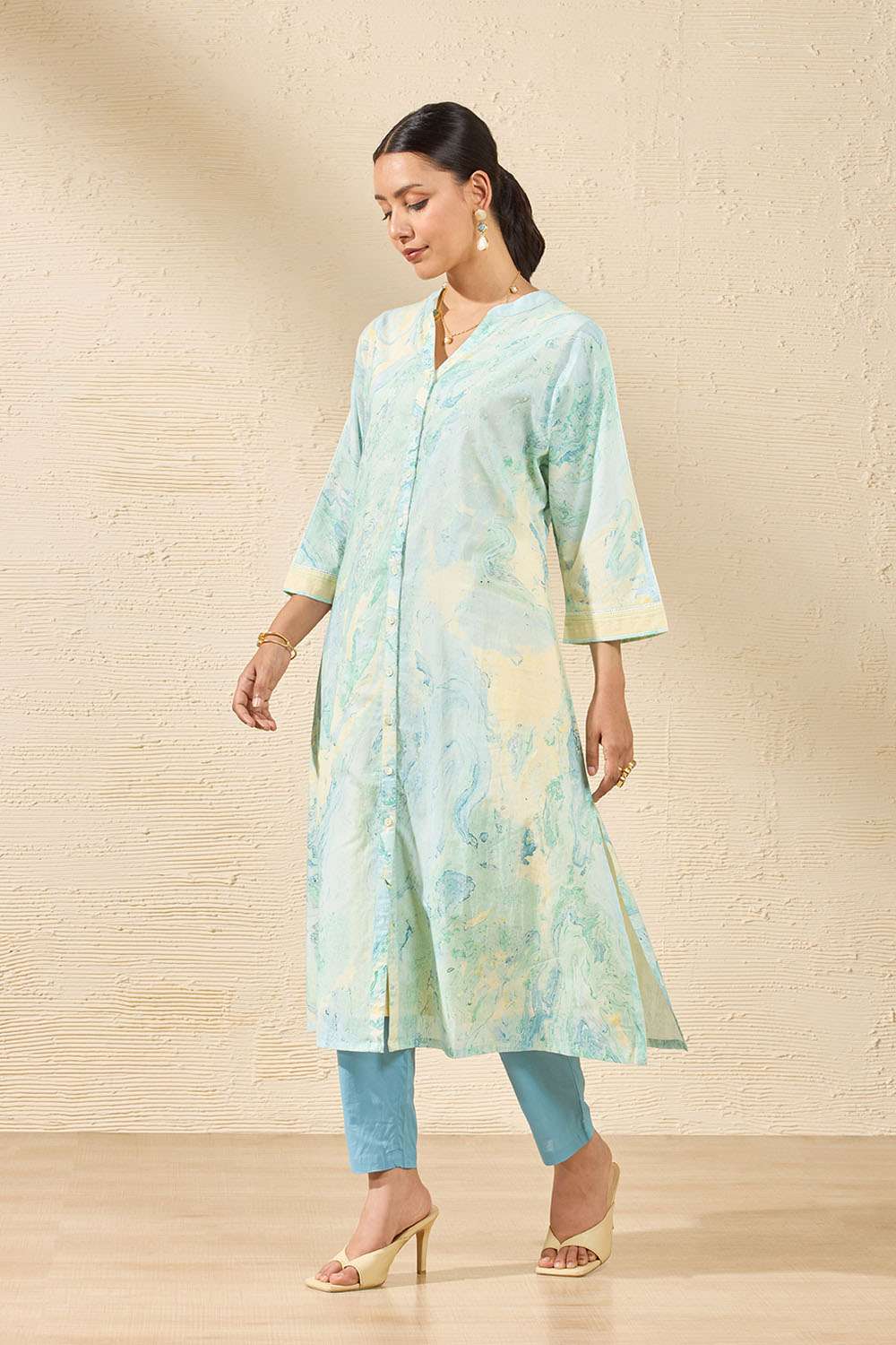 Light Blue Pure Cotton Marble Printed Kurta Set image number null