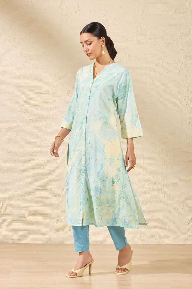 Light Blue Pure Cotton Marble Printed Kurta Set image number