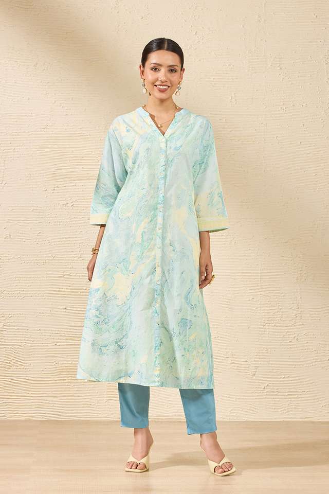 Light Blue Pure Cotton Marble Printed Kurta Set thumbnail image number null