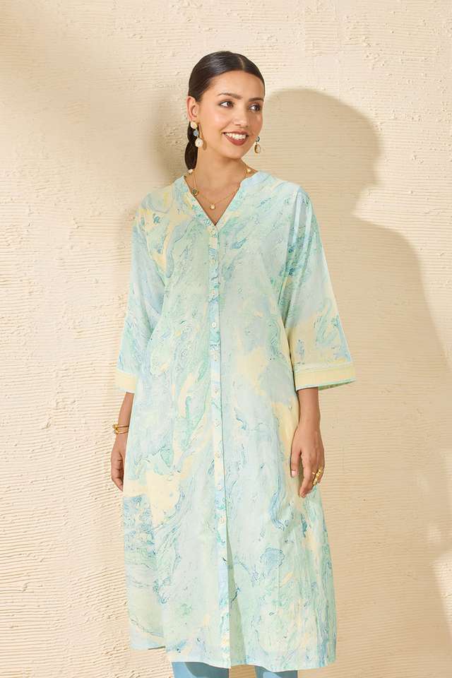 Light Blue Pure Cotton Marble Printed Kurta Set thumbnail image number null