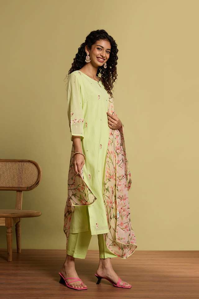 Light Green Pure Cotton Embroidered Kurta Set image number