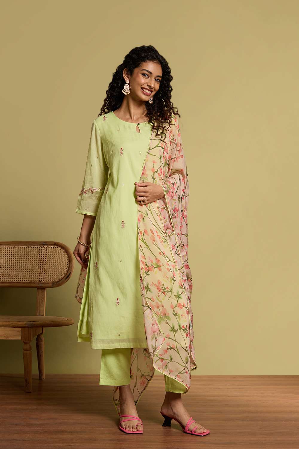 Light Green Pure Cotton Embroidered Kurta Set image number null