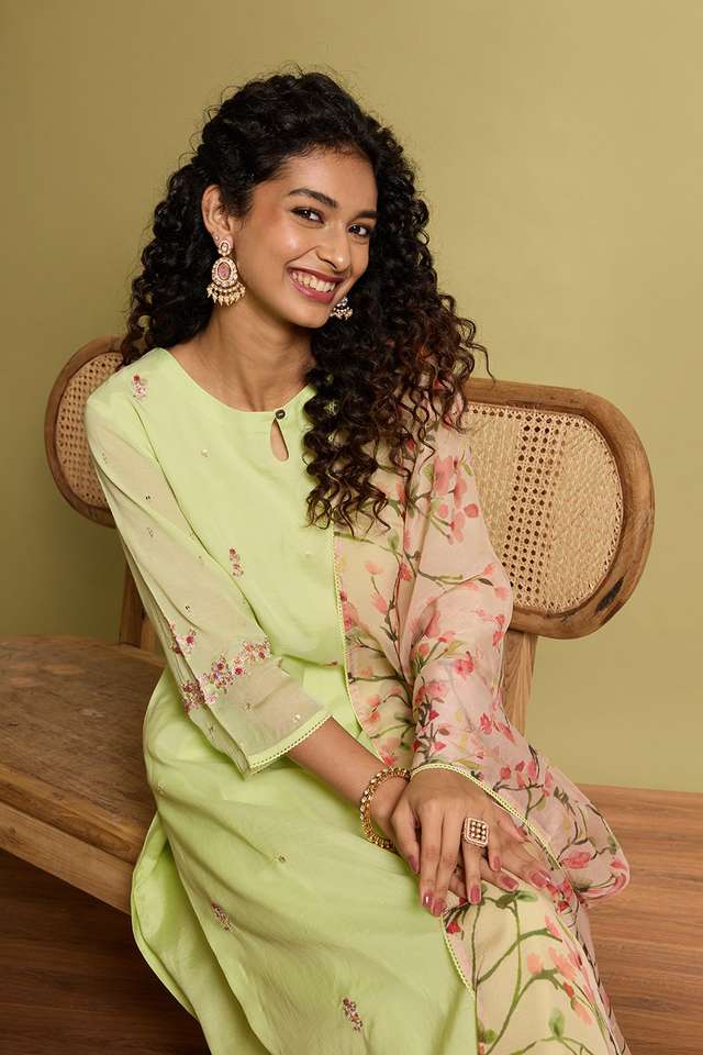 Light Green Pure Cotton Embroidered Kurta Set thumbnail image number null