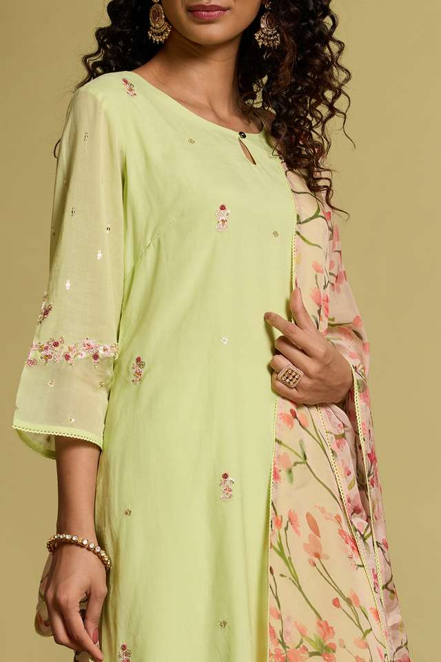 Light Green Pure Cotton Embroidered Kurta Set thumbnail image number null