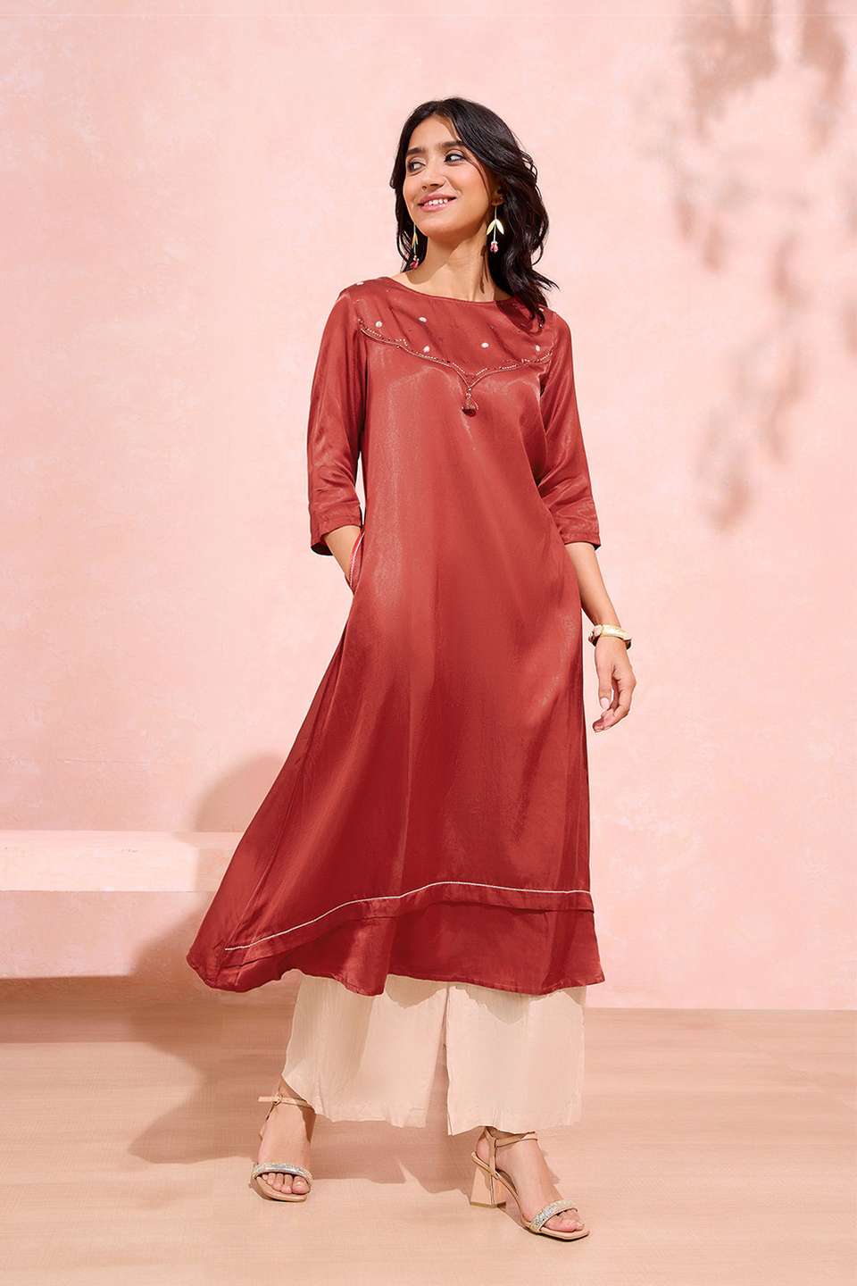 Dark Orange Viscose Cotton Embroidered Kurta Set